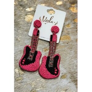Guitar Seed Bead Earrings in Fuchsia